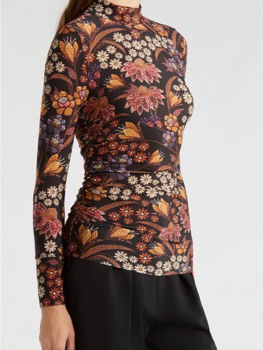 FARM Rio Black Floral Mock-Neck Long Sleeve Top